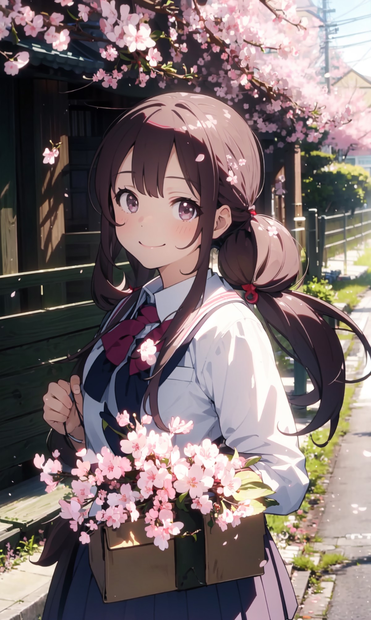 masterpiece, best quality,low twintails,white school uniform,cherry blossoms,smile,long hair